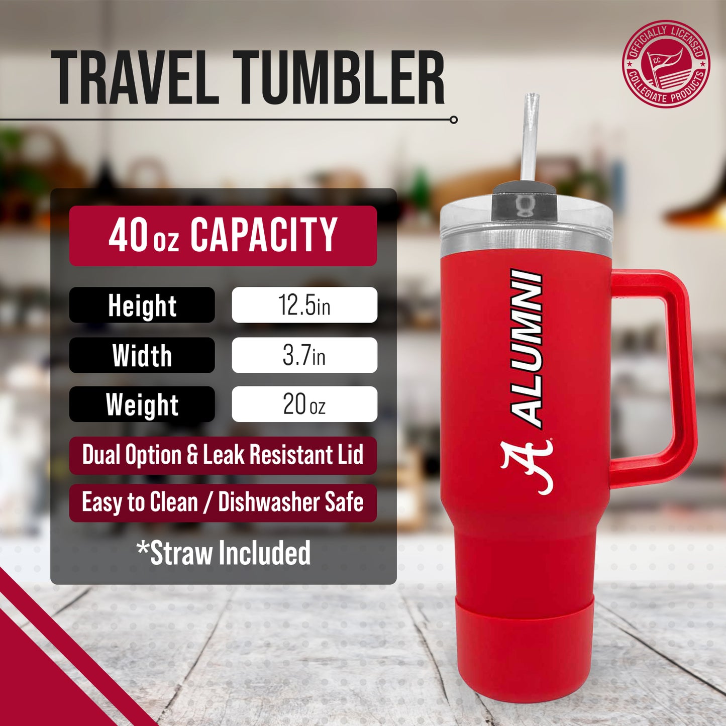 Alabama Crimson Tide Collegiate 40oz Stainless Steel Travel Tumbler with Handle for Alumni - Crimson