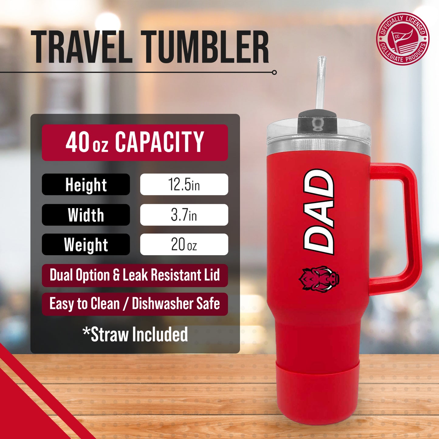 Arkansas Razorbacks Collegiate 40oz Stainless Steel Travel Tumbler with Handle for Dad - Cardinal