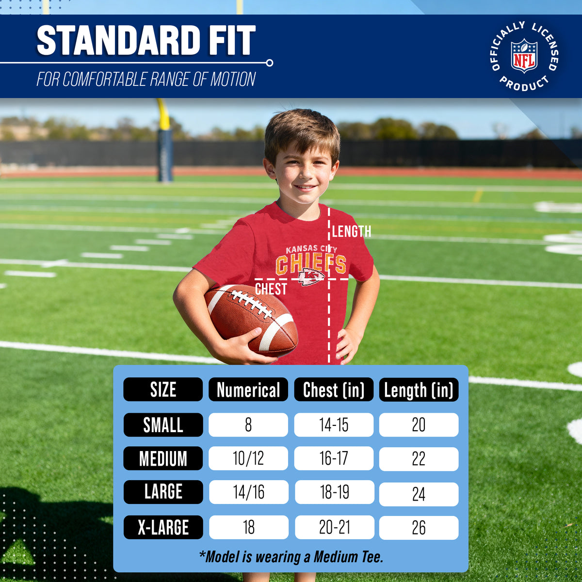 Kansas City Chiefs NFL Youth Starting Fresh Tee- Pro Football Tag-Less T-Shirt For Boys & Girls - Red