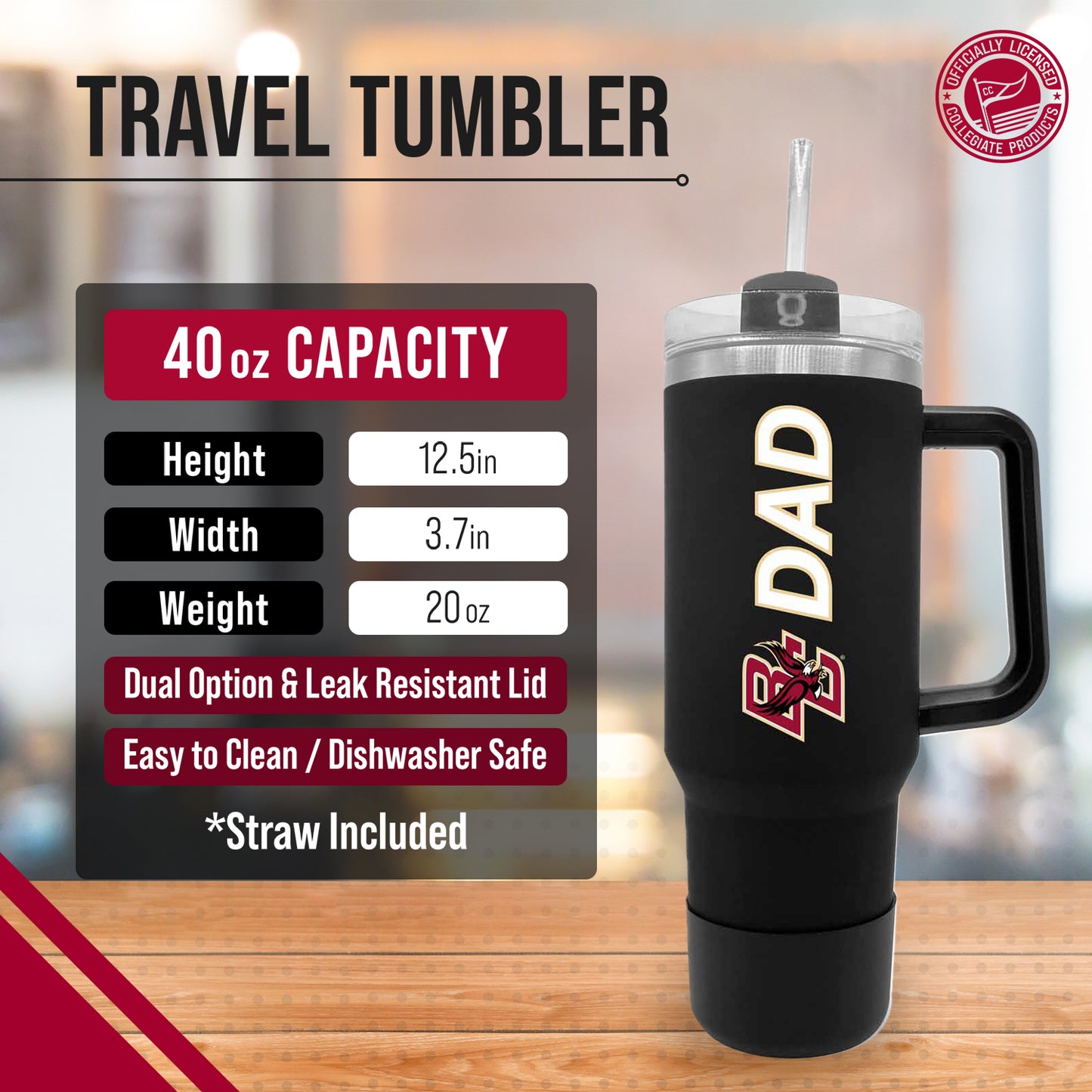Boston College Eagles Collegiate 40oz Stainless Steel Travel Tumbler with Handle for Dad - Black