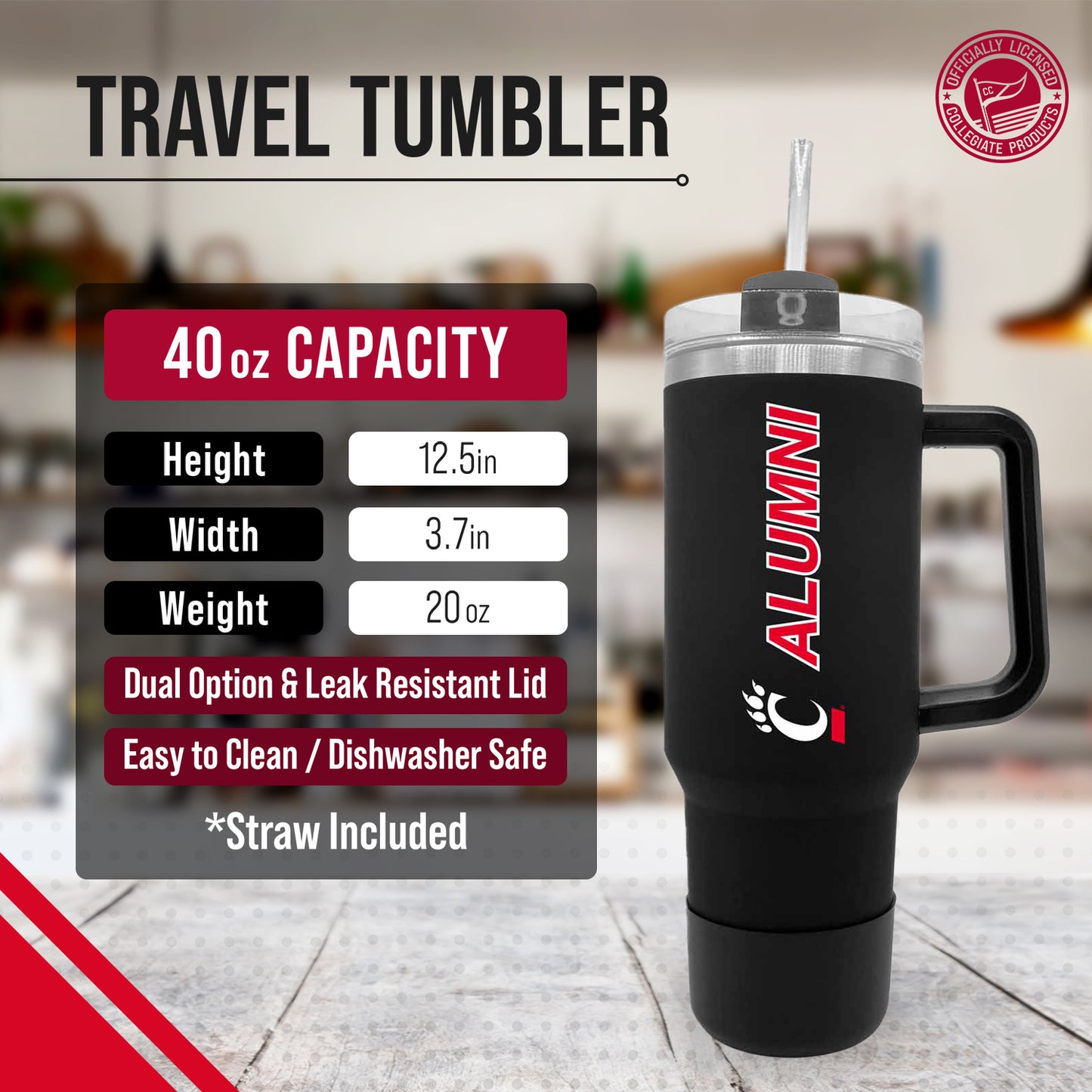 Cincinnati Bearcats Collegiate 40oz Stainless Steel Travel Tumbler with Handle for Alumni - Black