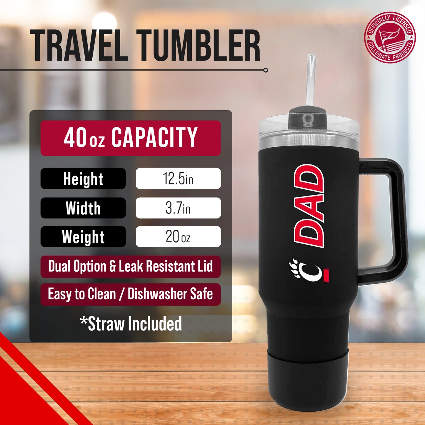Cincinnati Bearcats Collegiate 40oz Stainless Steel Travel Tumbler with Handle for Dad - Black