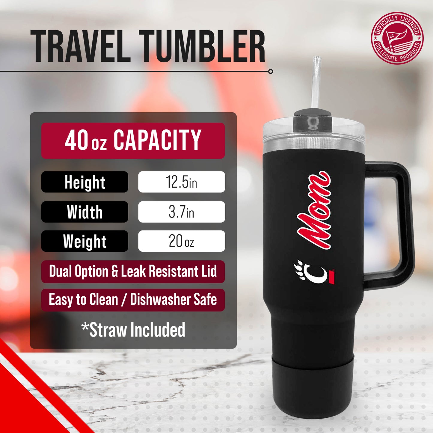 Cincinnati Bearcats Collegiate 40oz Stainless Steel Travel Tumbler with Handle for Mom - Black