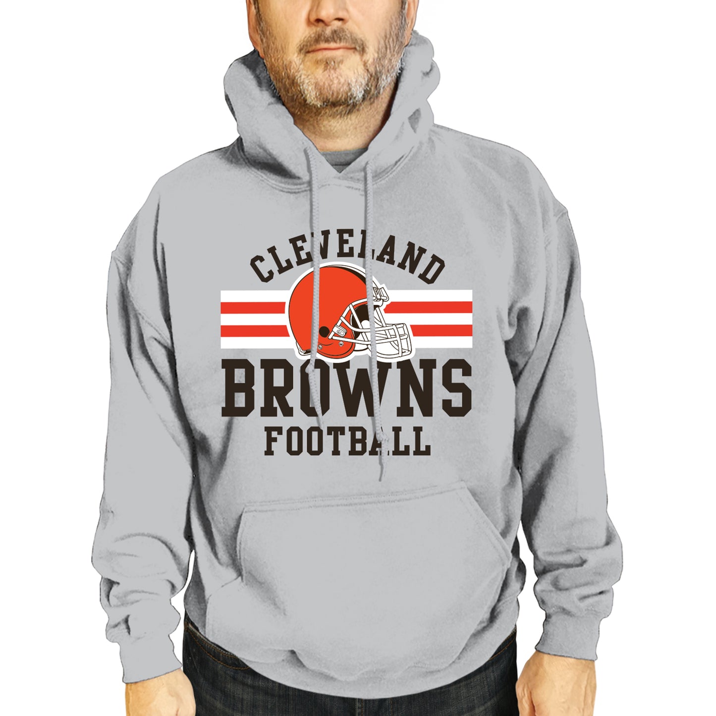 Cleveland Browns NFL Team Stripe Hooded Sweatshirt- Soft Pullover Sports Hoodie For Men & Women - Sport Gray