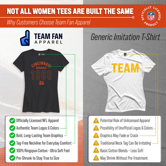 Cincinnati Bengals Women's Big Date T-Shirt NFL Tee Cotton Licensed - Black