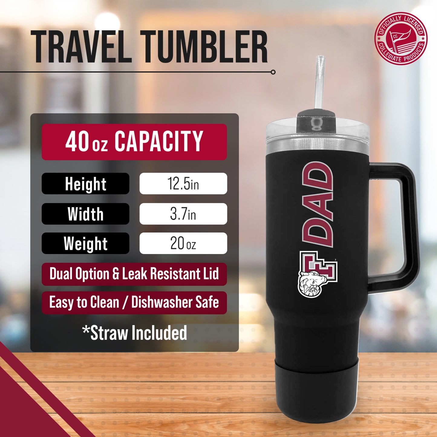 Fordham Rams Collegiate 40oz Stainless Steel Travel Tumbler with Handle for Dad - Black