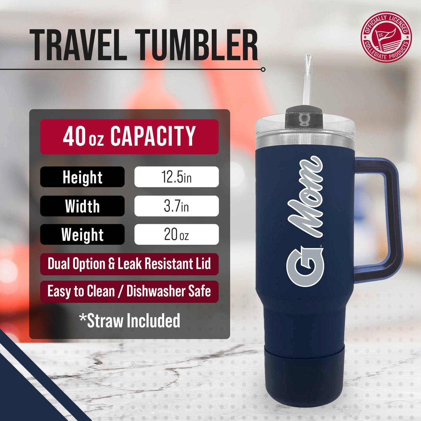 Georgetown Hoyas Collegiate 40oz Stainless Steel Travel Tumbler with Handle for Mom - Navy