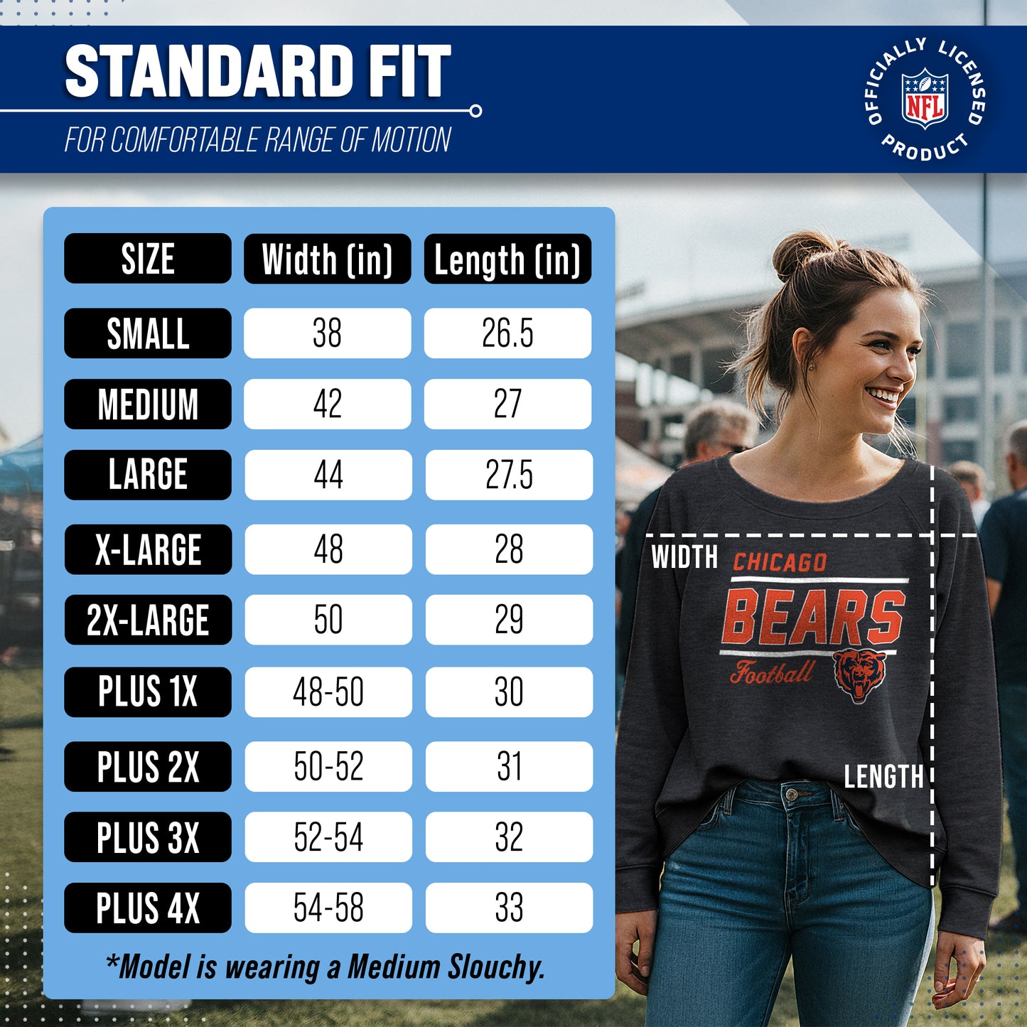 Chicago Bears NFL Womens Gameday French Terry Slouchy Top- Raglan Sleeves - Heather Charcoal