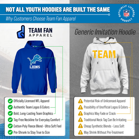 Detroit Lions Youth NFL Ultimate Fan Logo Fleece Hooded Sweatshirt -Tagless Football Pullover For Kids - Royal