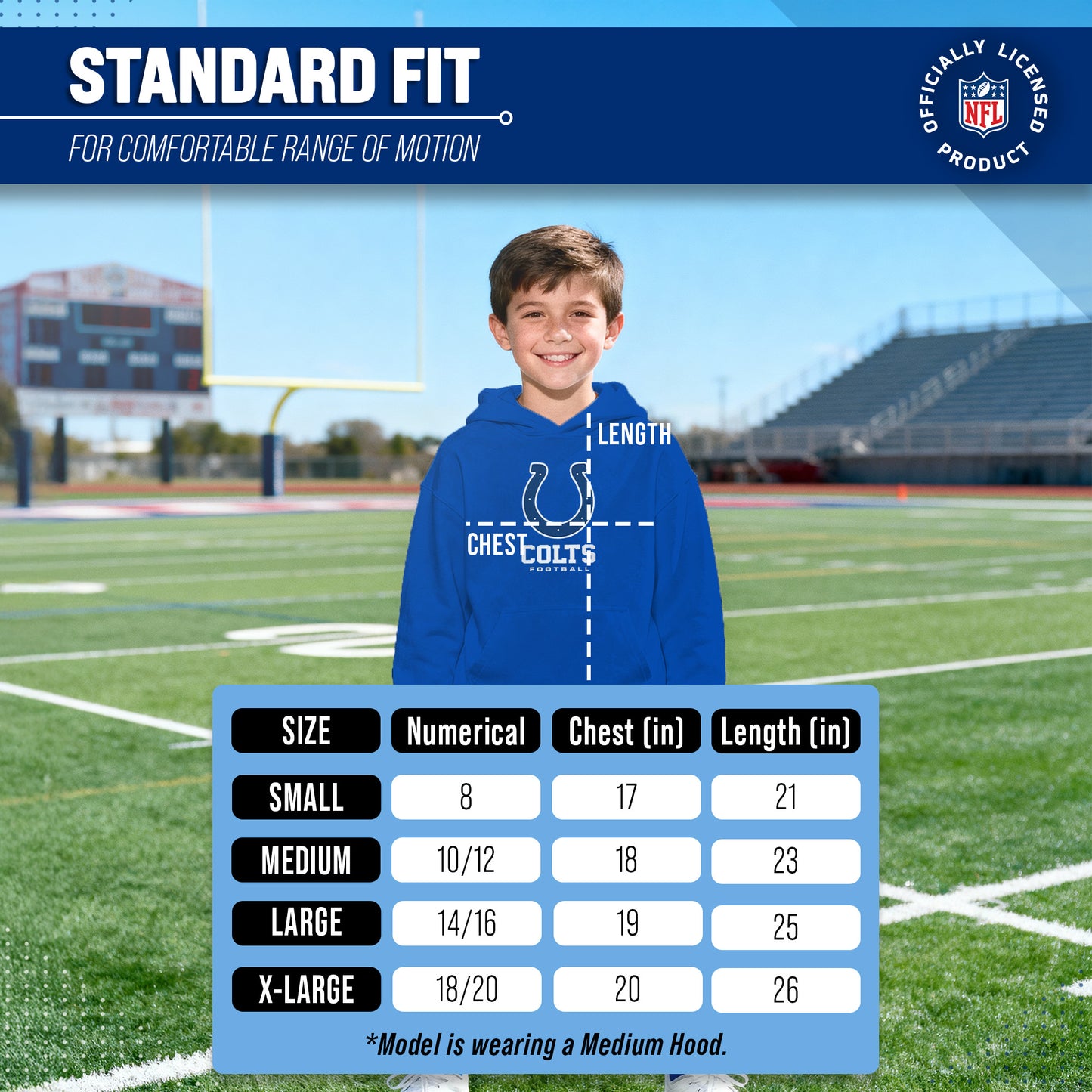 Indianapolis Colts Youth NFL Ultimate Fan Logo Fleece Hooded Sweatshirt -Tagless Football Pullover For Kids - Royal