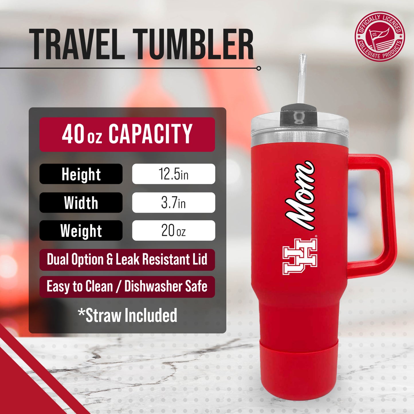 Houston Cougars Collegiate 40oz Stainless Steel Travel Tumbler with Handle for Mom - Red