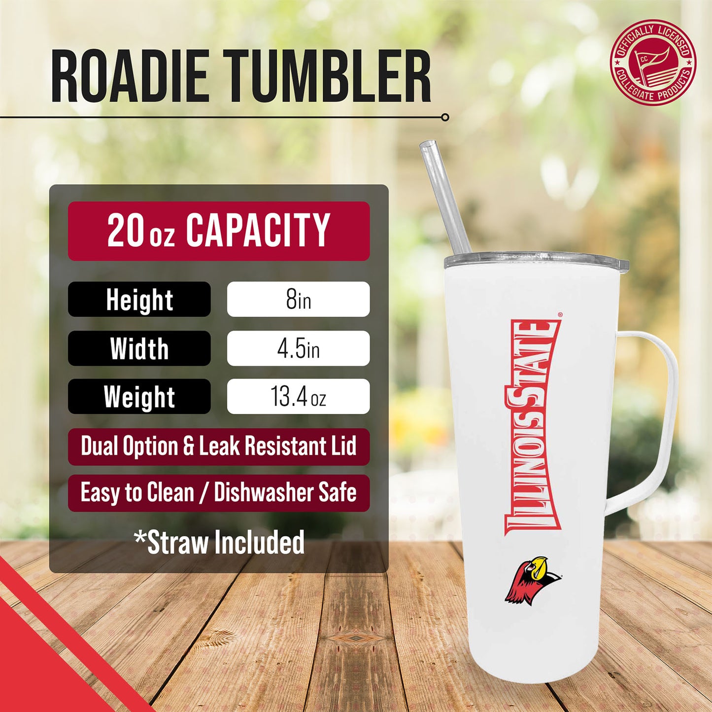 Illinois State Redbirds NCAA Stainless Steel 20oz Roadie With Handle & Dual Option Lid With Straw - White