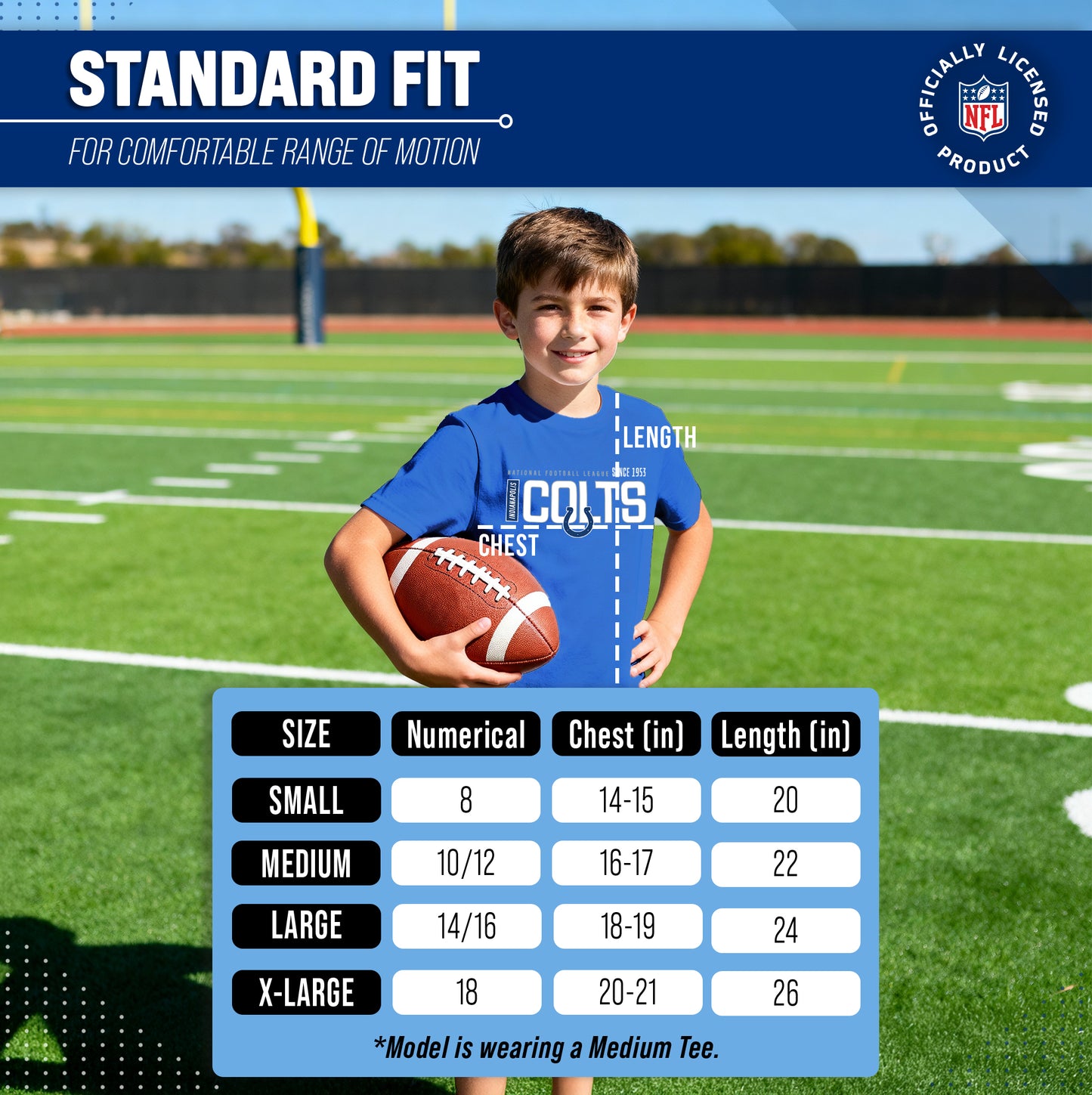 Indianapolis Colts NFL Youth Modern Endzone Football T-Shirt Unisex Tag Free Comfortable - Royal