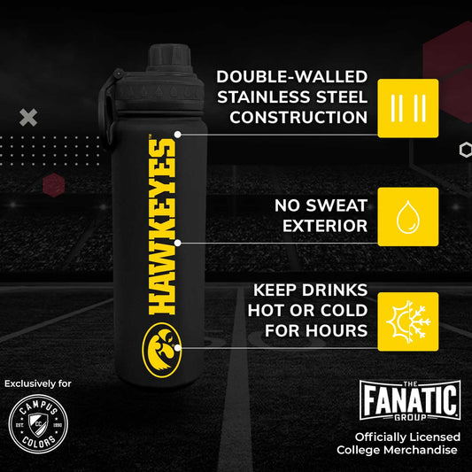 Iowa Hawkeyes Stainless Steel Water Bottle 24 oz Insulated - Black