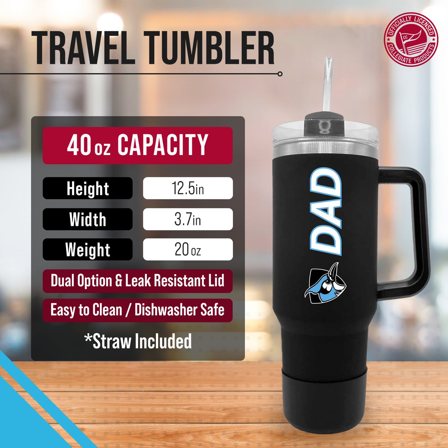 Johns Hopkins Blue Jays Collegiate 40oz Stainless Steel Travel Tumbler with Handle for Dad - Black