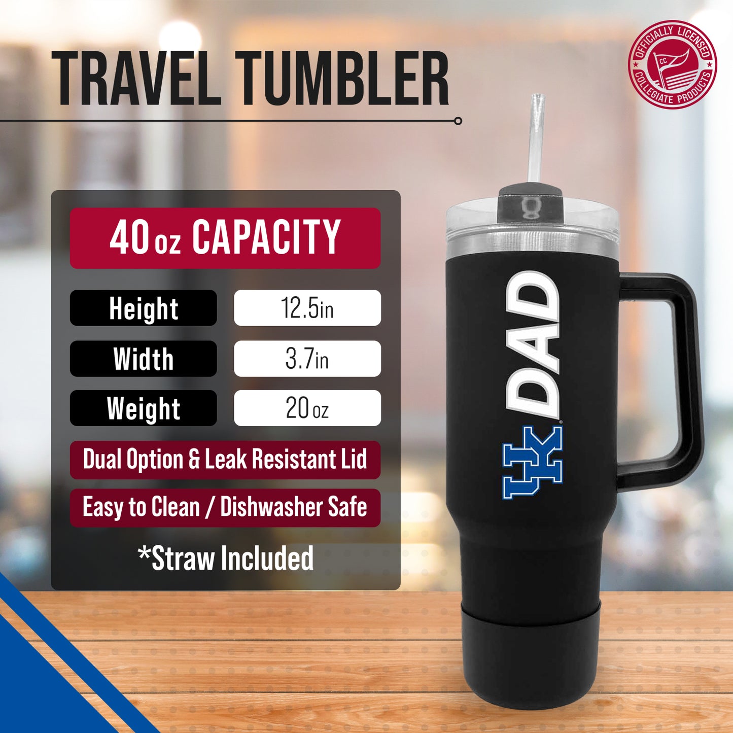 Kentucky Wildcats Collegiate 40oz Stainless Steel Travel Tumbler with Handle for Dad - Black