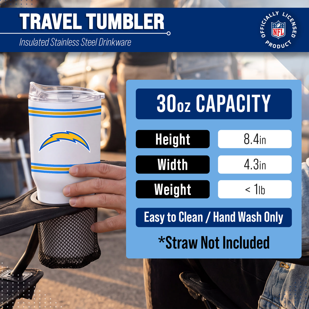 Los Angeles Chargers 30 oz Stripe Powder Coat Tumbler | NFL Stainless - White