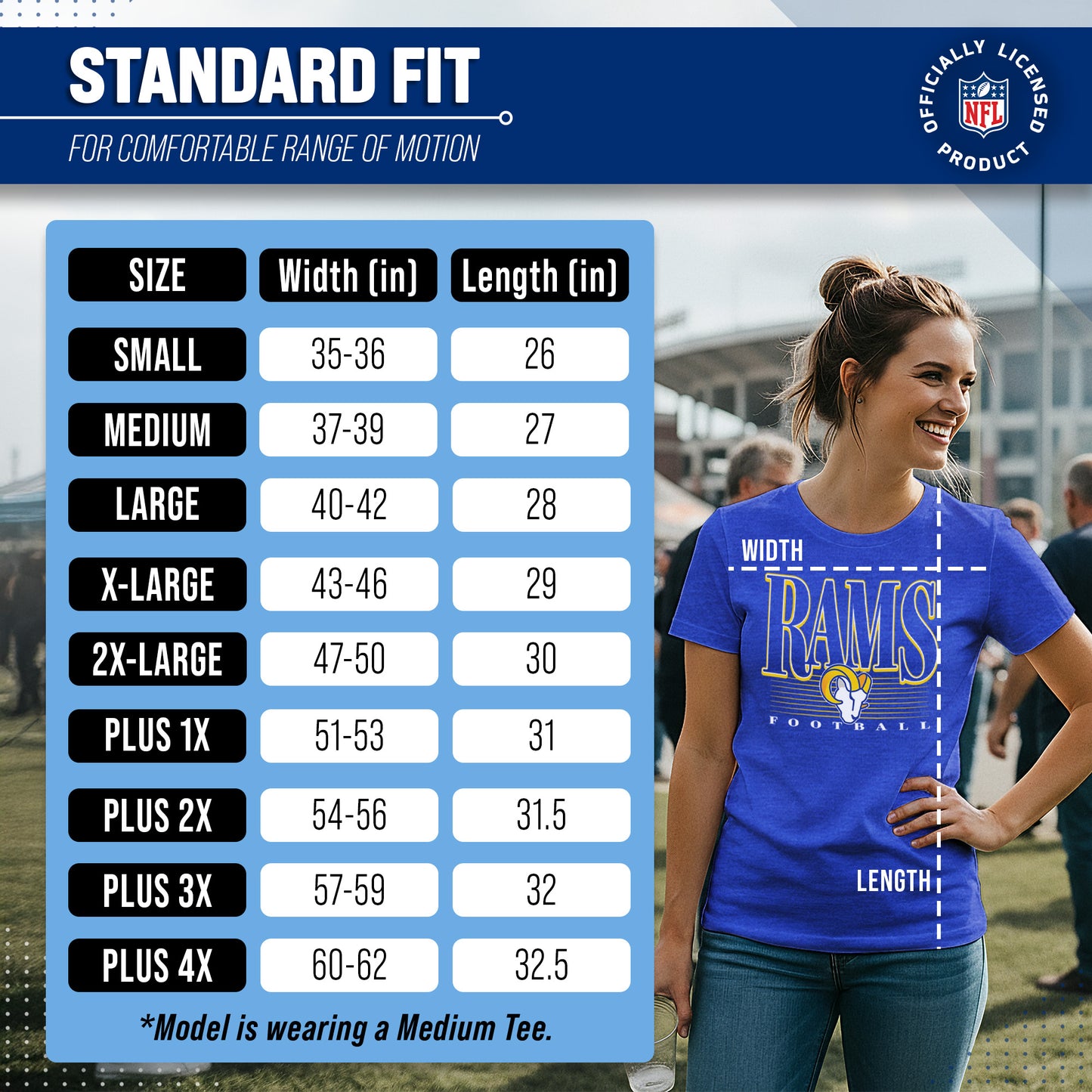 Los Angeles Rams NFL Womens Overtime Blueprint Tag-Less T-Shirt - Royal