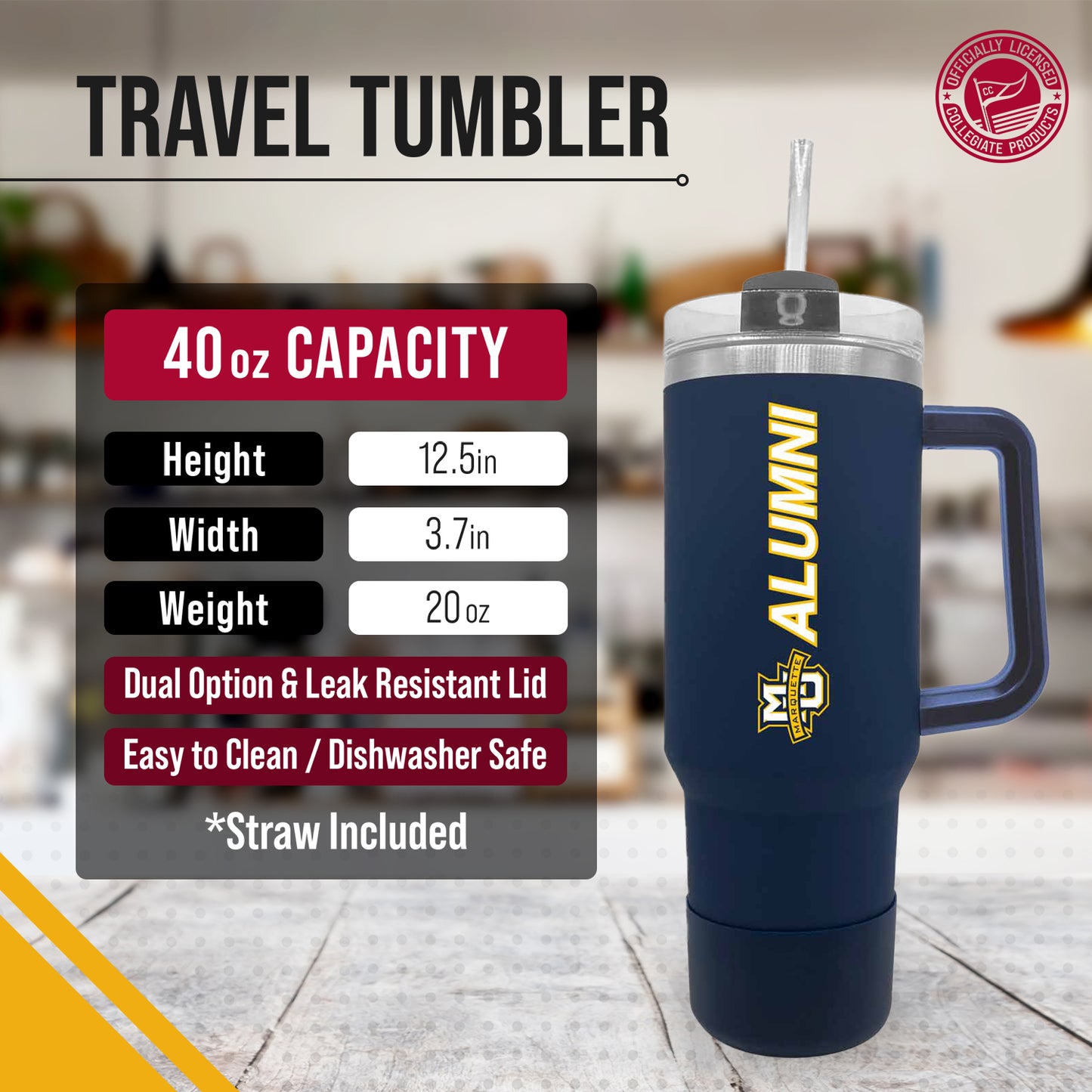Marquette Golden Eagles Collegiate 40oz Stainless Steel Travel Tumbler with Handle for Alumni - Navy