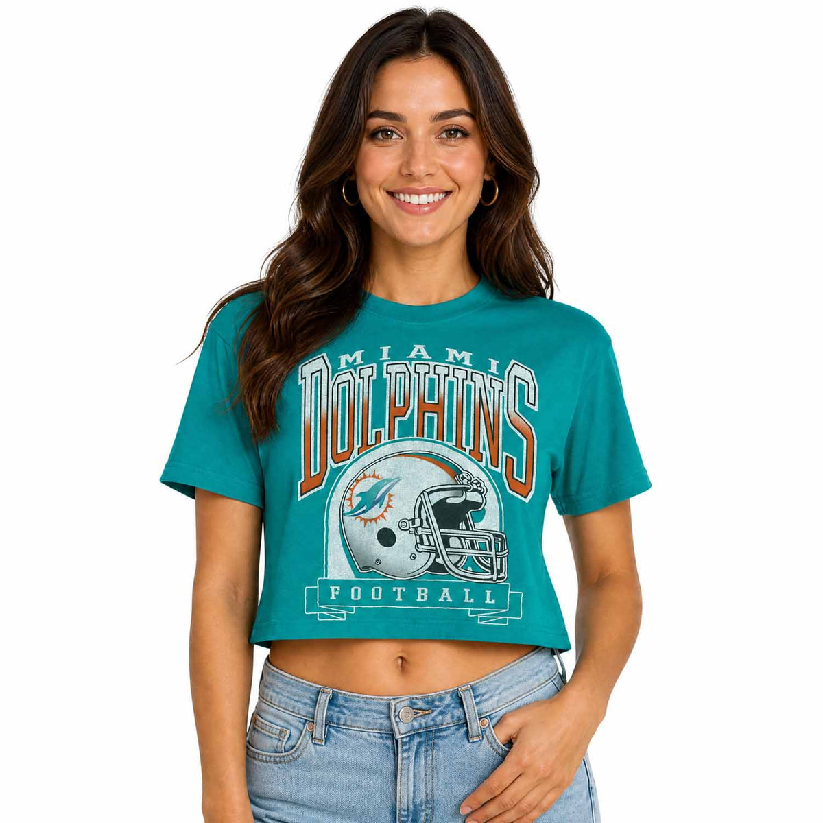 Miami Dolphins Junk Food NFL Women's Franchise Helmet Crop T-Shirt - Teal