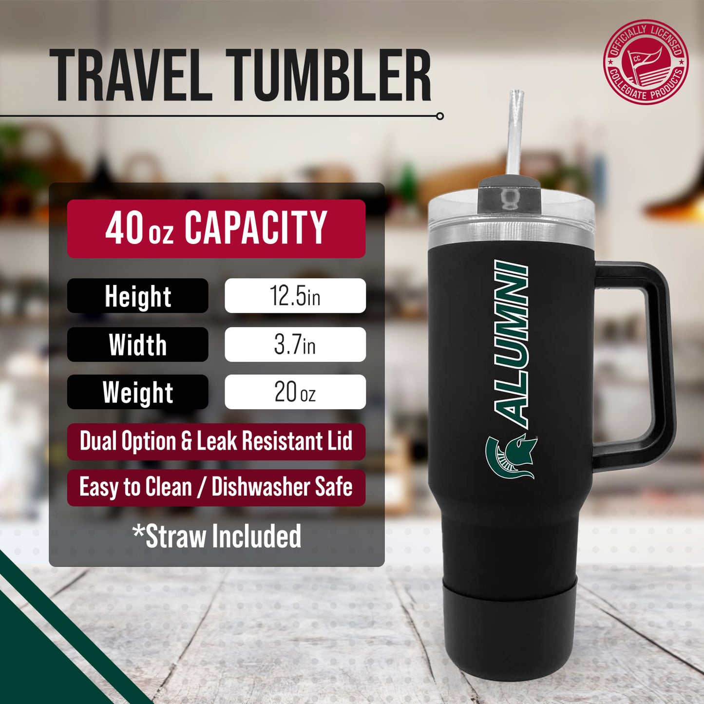 Michigan State Spartans Collegiate 40oz Stainless Steel Travel Tumbler with Handle for Alumni - Black
