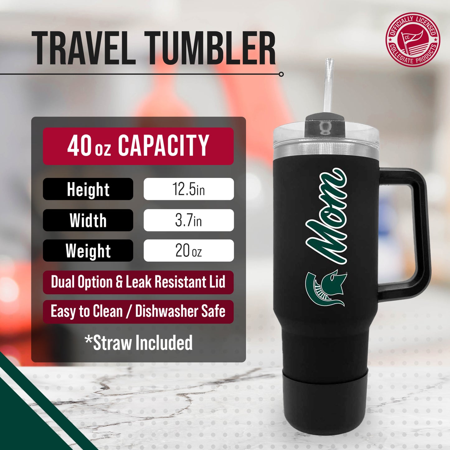 Michigan State Spartans Collegiate 40oz Stainless Steel Travel Tumbler with Handle for Mom - Black