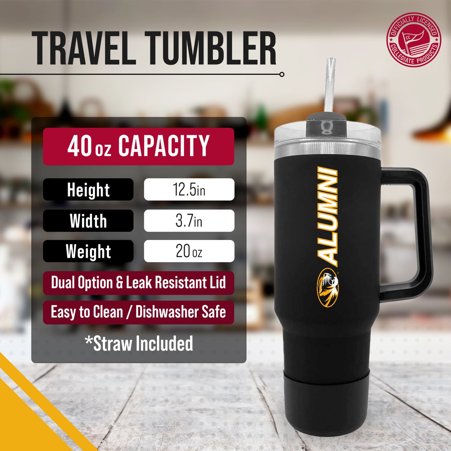Missouri Tigers Collegiate 40oz Stainless Steel Travel Tumbler with Handle for Alumni - Black