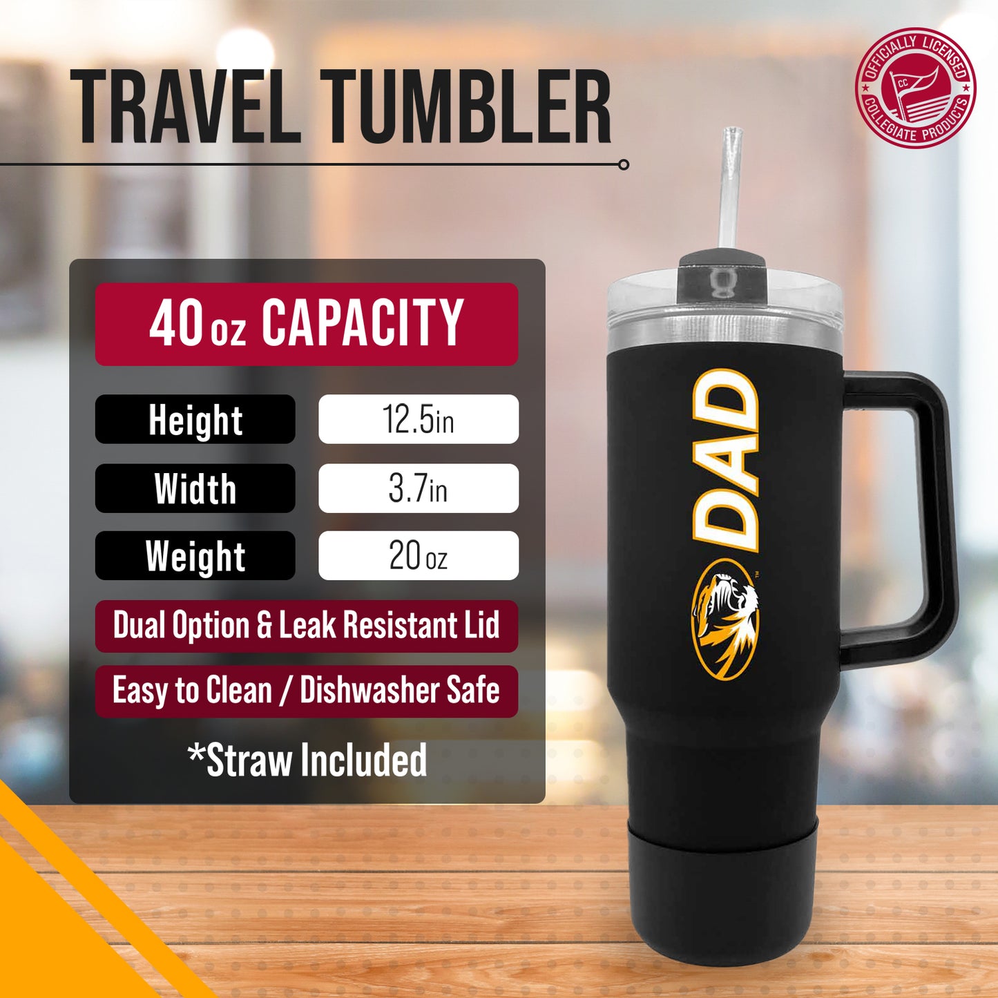 Missouri Tigers Collegiate 40oz Stainless Steel Travel Tumbler with Handle for Dad - Black