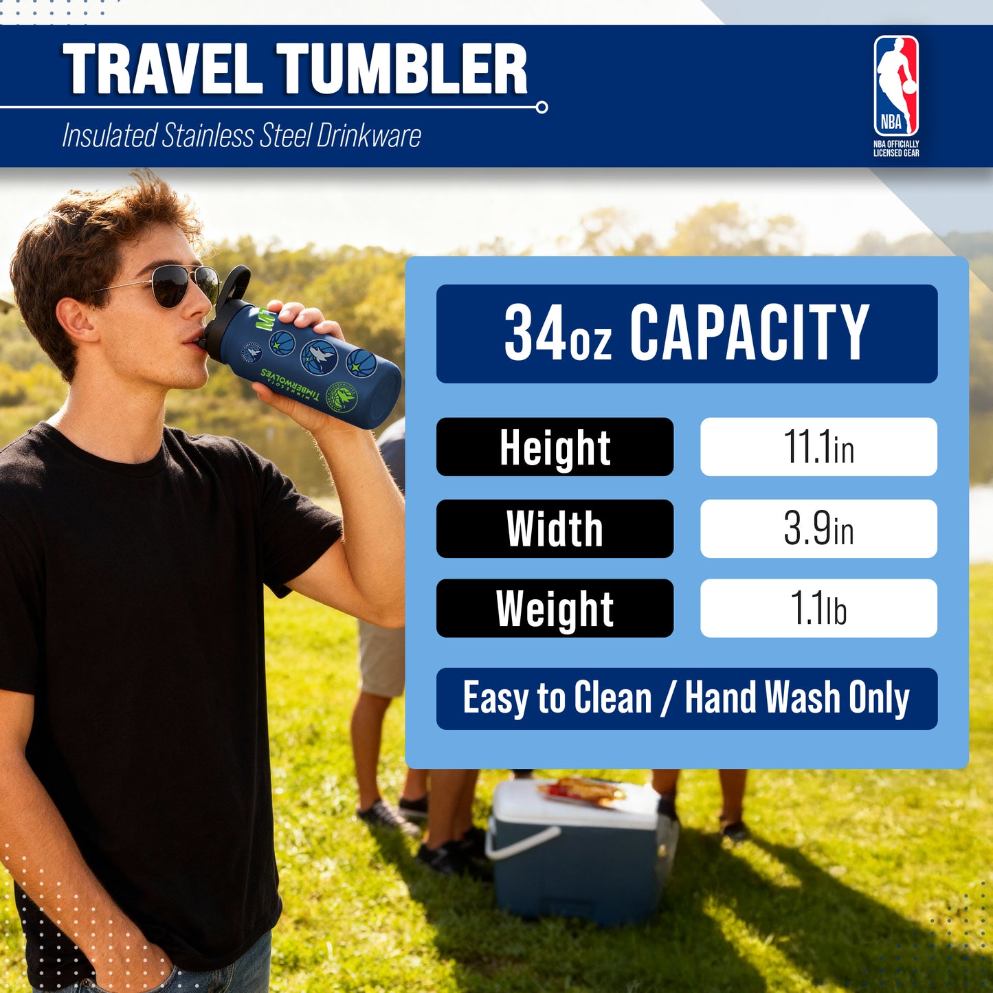 Minnesota Timberwolves NBA Basketball 34oz Stainless Steel Vacuum Insulated Game Day Water Bottle with Flip Straw Lid and Handle - Navy