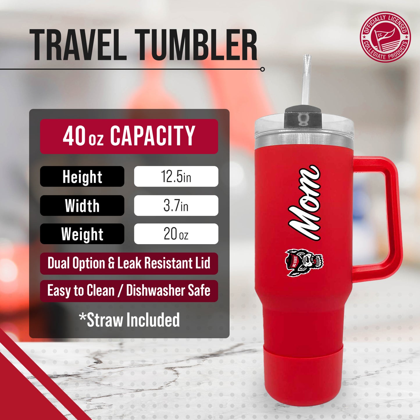 NC State Wolfpack Collegiate 40oz Stainless Steel Travel Tumbler with Handle for Mom - Red