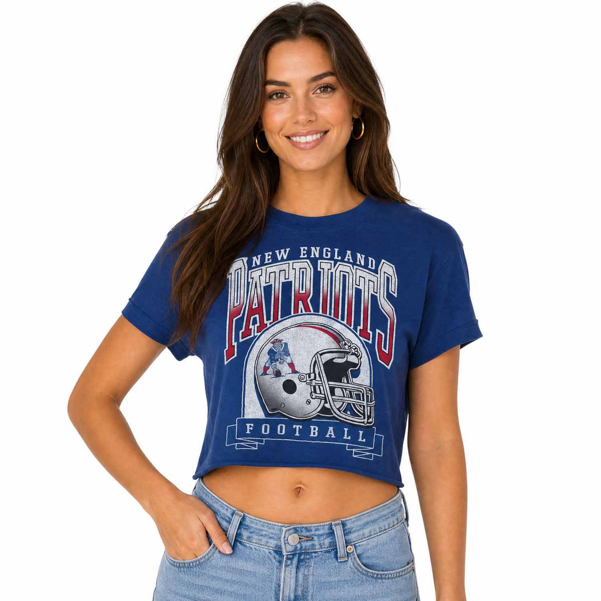New England Patriots Junk Food NFL Women's Franchise Helmet Crop T-Shirt - Royal