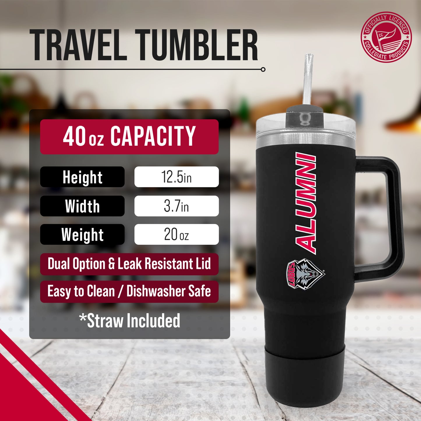 New Mexico Lobos Collegiate 40oz Stainless Steel Travel Tumbler with Handle for Alumni - Black
