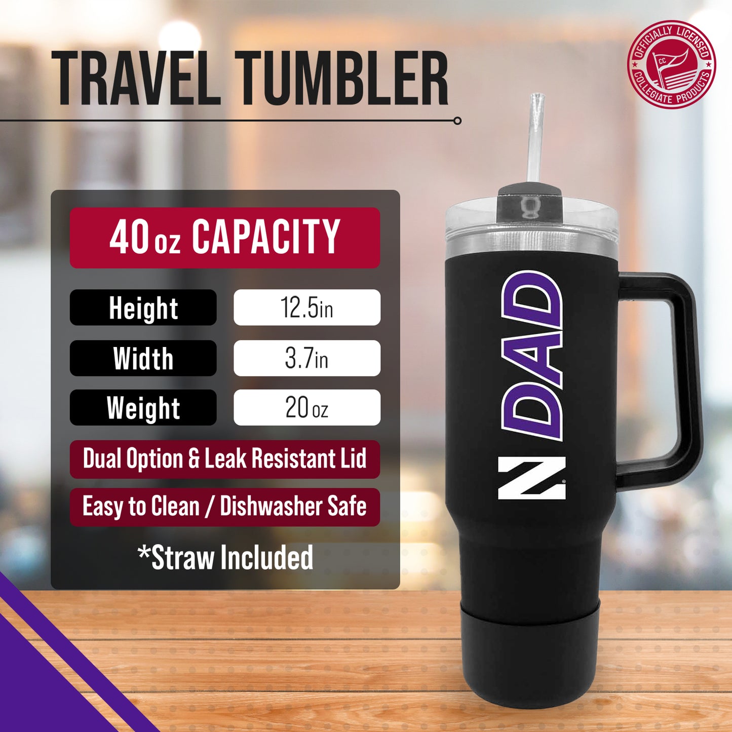 Northwestern Wildcats Collegiate 40oz Stainless Steel Travel Tumbler with Handle for Dad - Black
