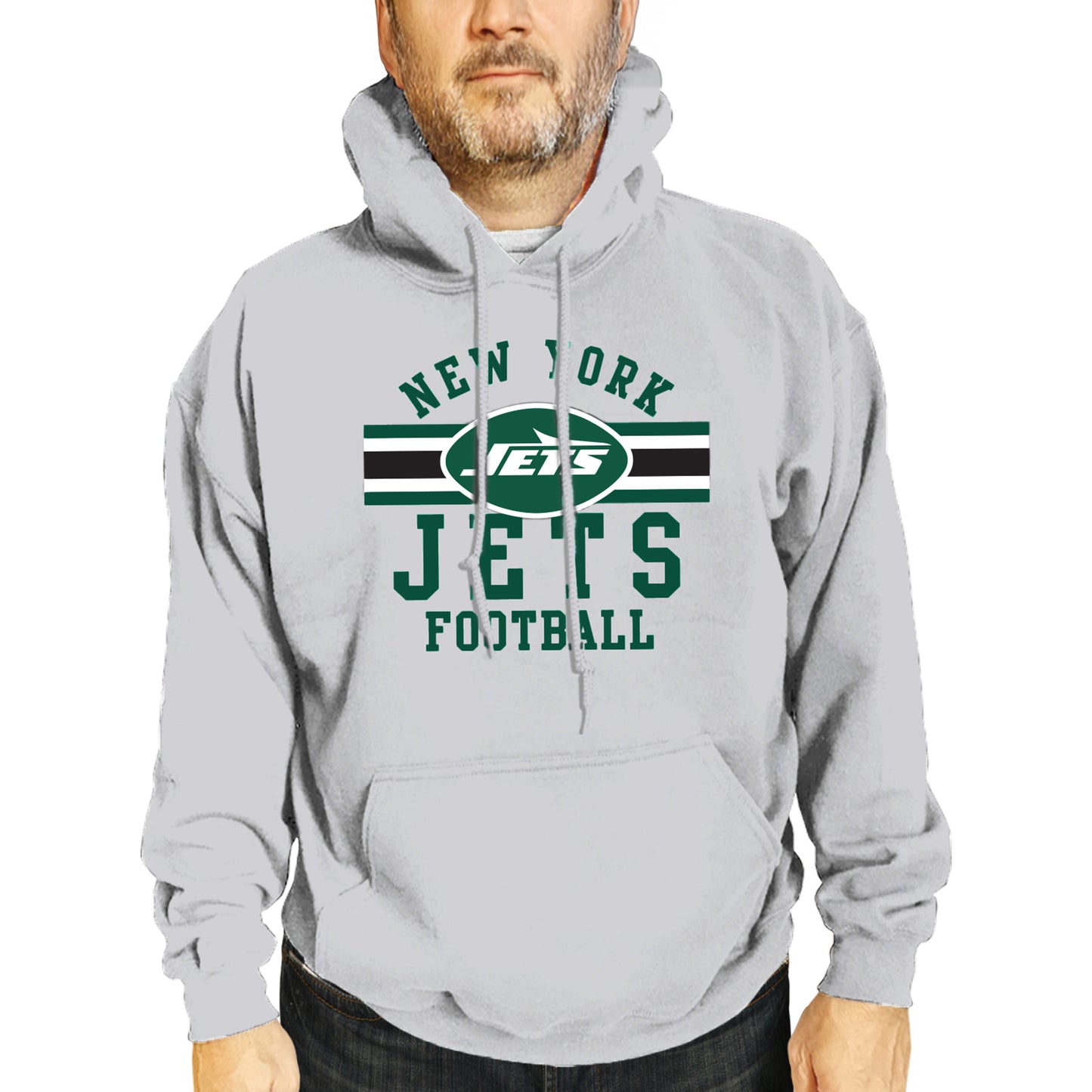 New York Jets NFL Team Stripe Hooded Sweatshirt- Soft Pullover Sports Hoodie For Men & Women - Sport Gray