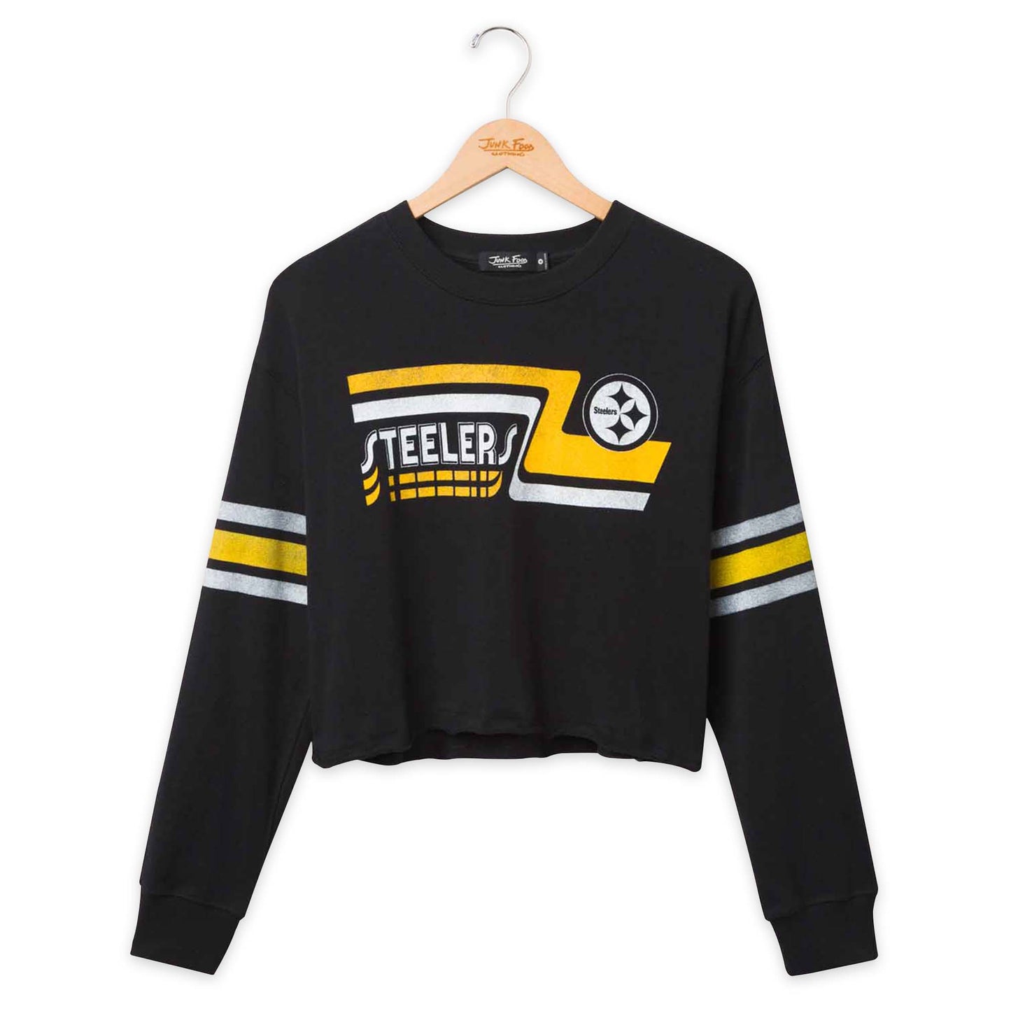 Pittsburgh Steelers Junk Food NFL Women's Franchise Varsity Stripe Crop Crewneck - Black