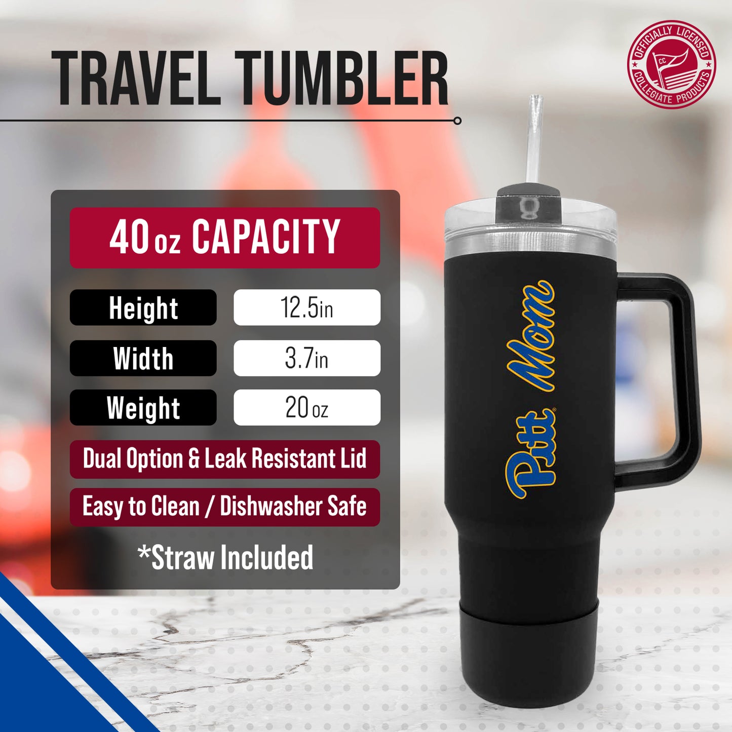 Pitt Panthers Collegiate 40oz Stainless Steel Travel Tumbler with Handle for Mom - Black