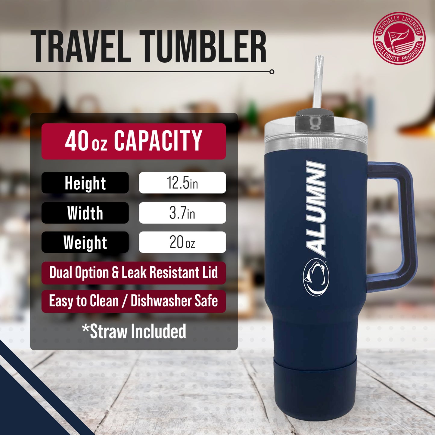 Penn State Nittany Lions Collegiate 40oz Stainless Steel Travel Tumbler with Handle for Alumni - Navy