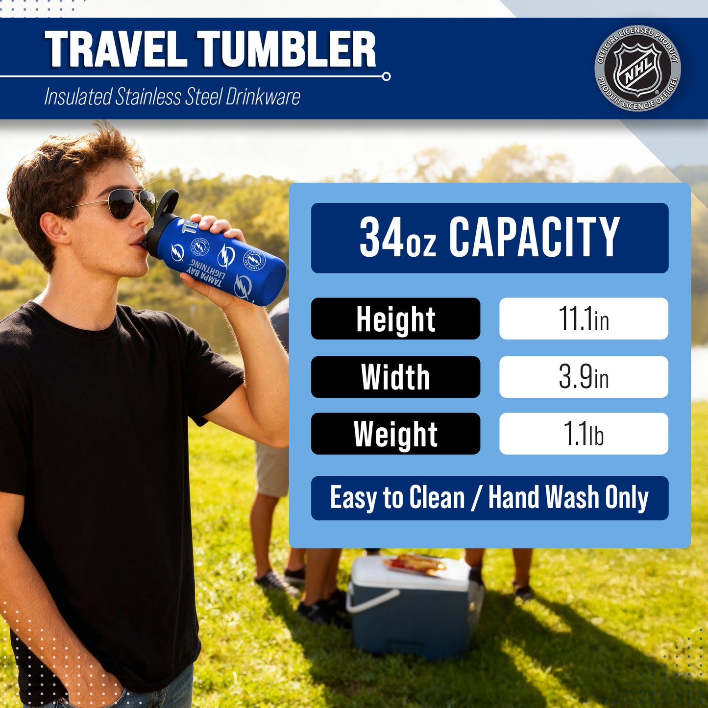 Tampa Bay Lightning NHL Hockey 34oz Stainless Steel Vacuum Insulated Game Day Water Bottle with Flip Straw Lid and Handle - Royal