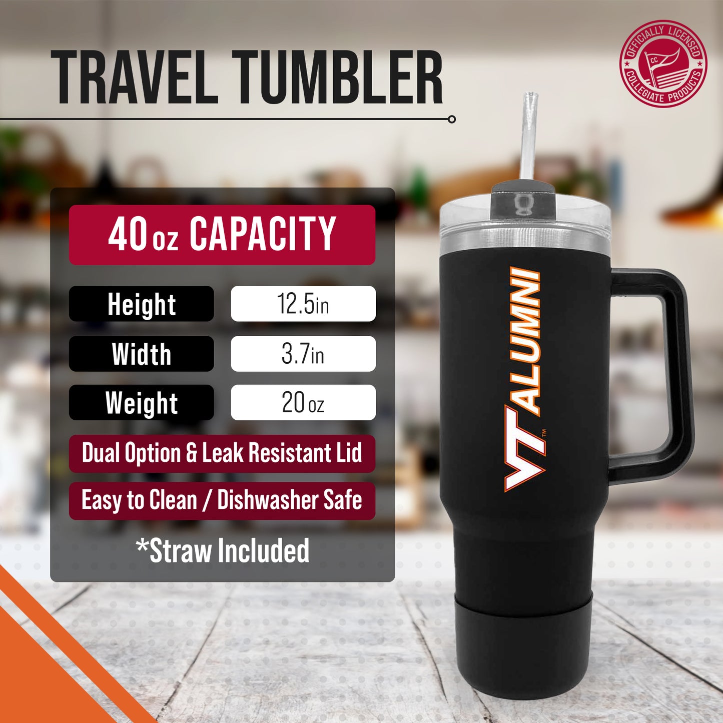 Virginia Tech Hokies Collegiate 40oz Stainless Steel Travel Tumbler with Handle for Alumni - Black