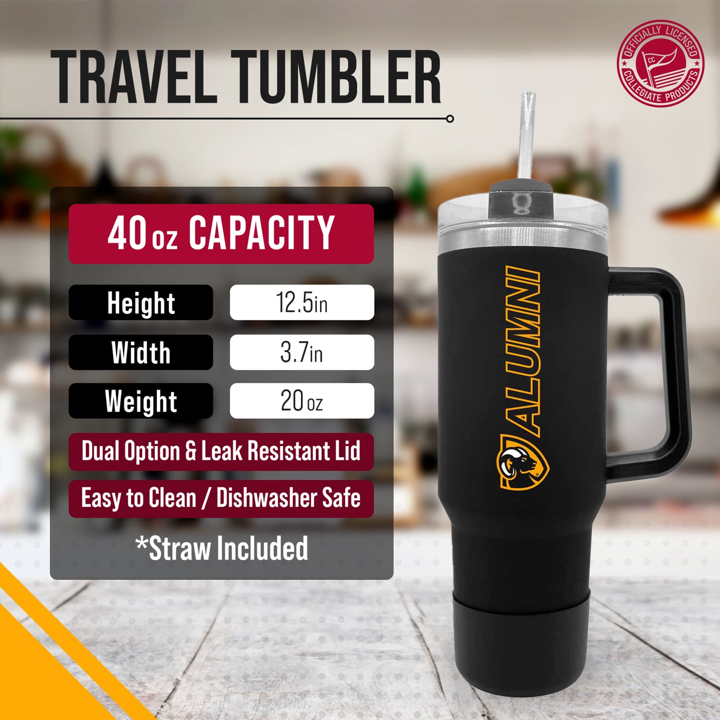 VCU Rams Collegiate 40oz Stainless Steel Travel Tumbler with Handle for Alumni - Black
