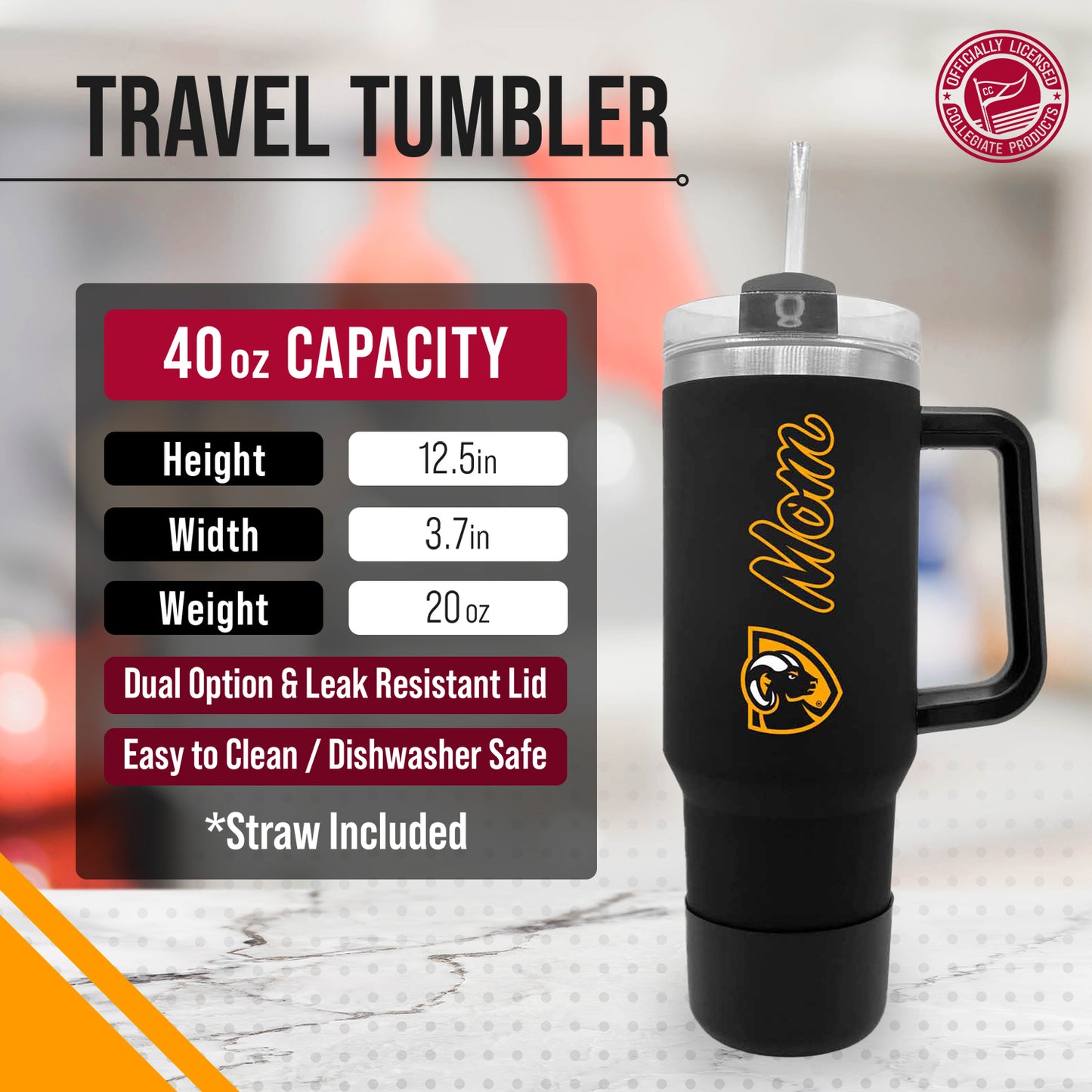 VCU Rams Collegiate 40oz Stainless Steel Travel Tumbler with Handle for Mom - Black