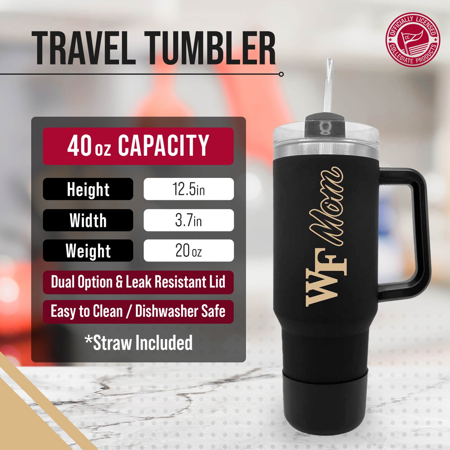 Wake Forest Demon Deacons Collegiate 40oz Stainless Steel Travel Tumbler with Handle for Mom - Black
