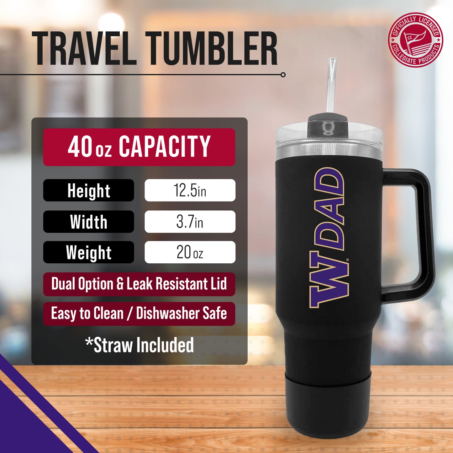 Washington Huskies Collegiate 40oz Stainless Steel Travel Tumbler with Handle for Dad - Black