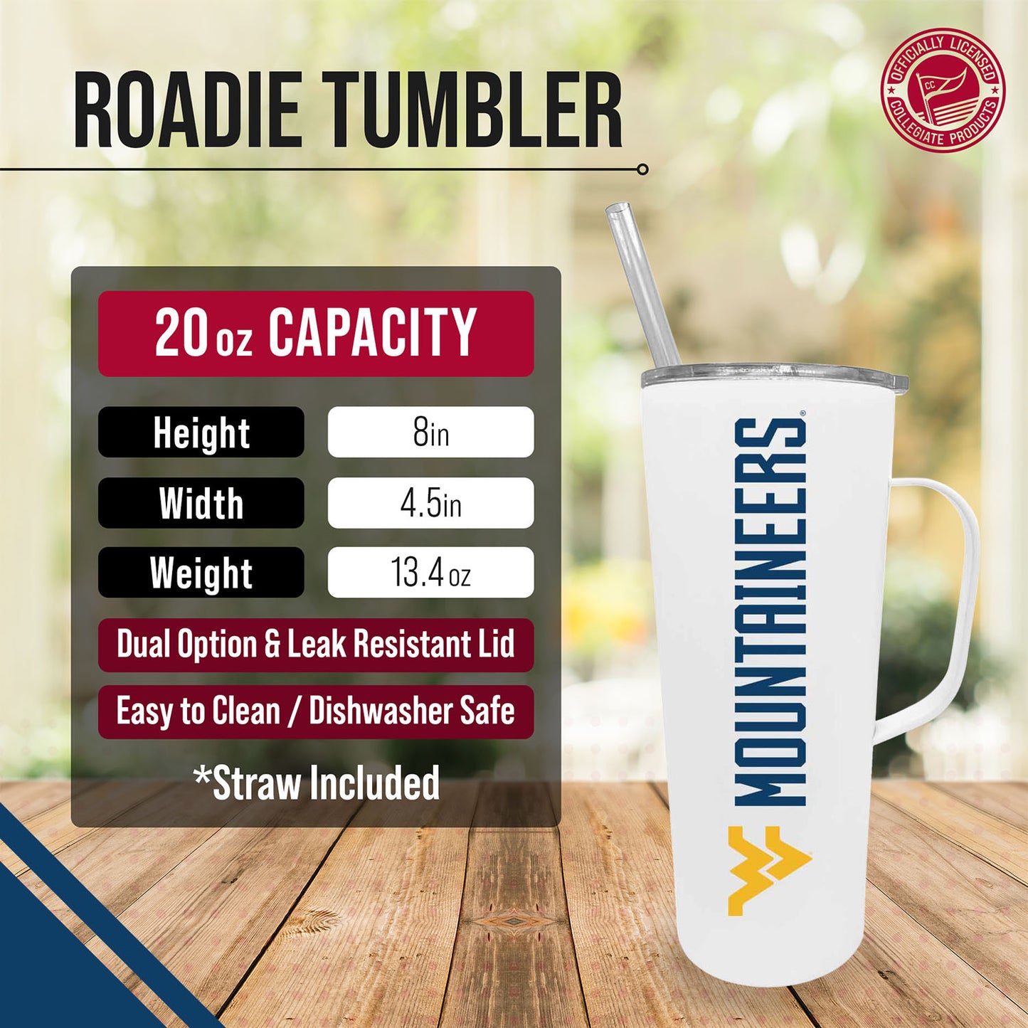West Virginia Mountaineers NCAA Stainless Steel 20oz Roadie With Handle & Dual Option Lid With Straw - White