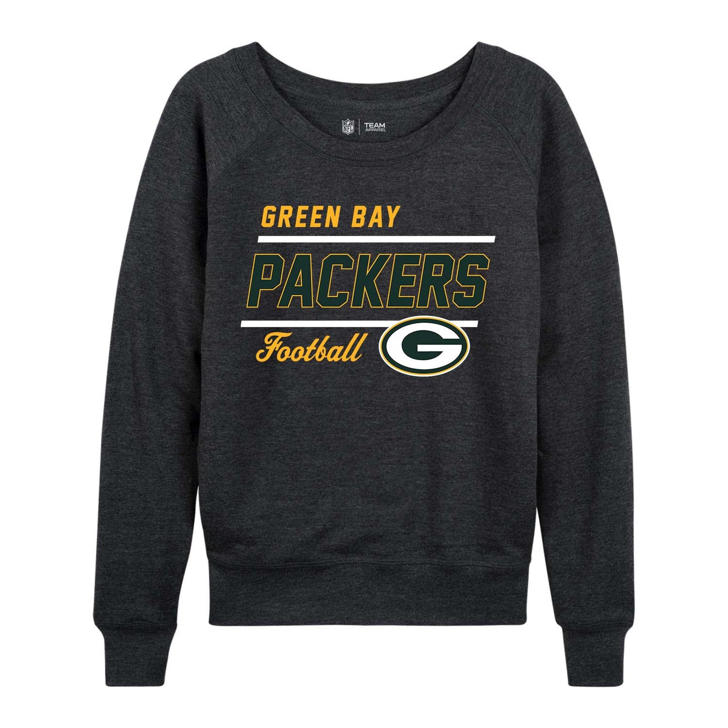 Green Bay Packers NFL Womens Gameday French Terry Slouchy Top- Raglan Sleeves - Charcoal