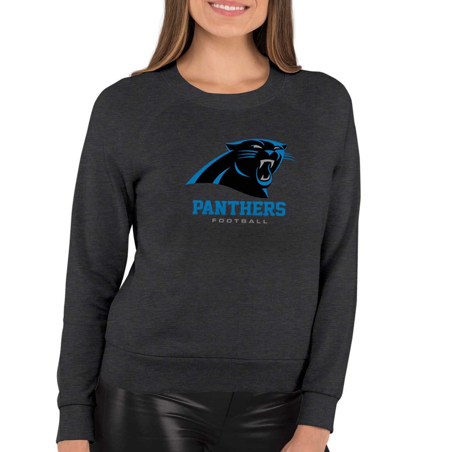 Carolina Panthers NFL Womens Ultimate Fan French Terry Slouchy Top- Raglan Sleeves - Charcoal
