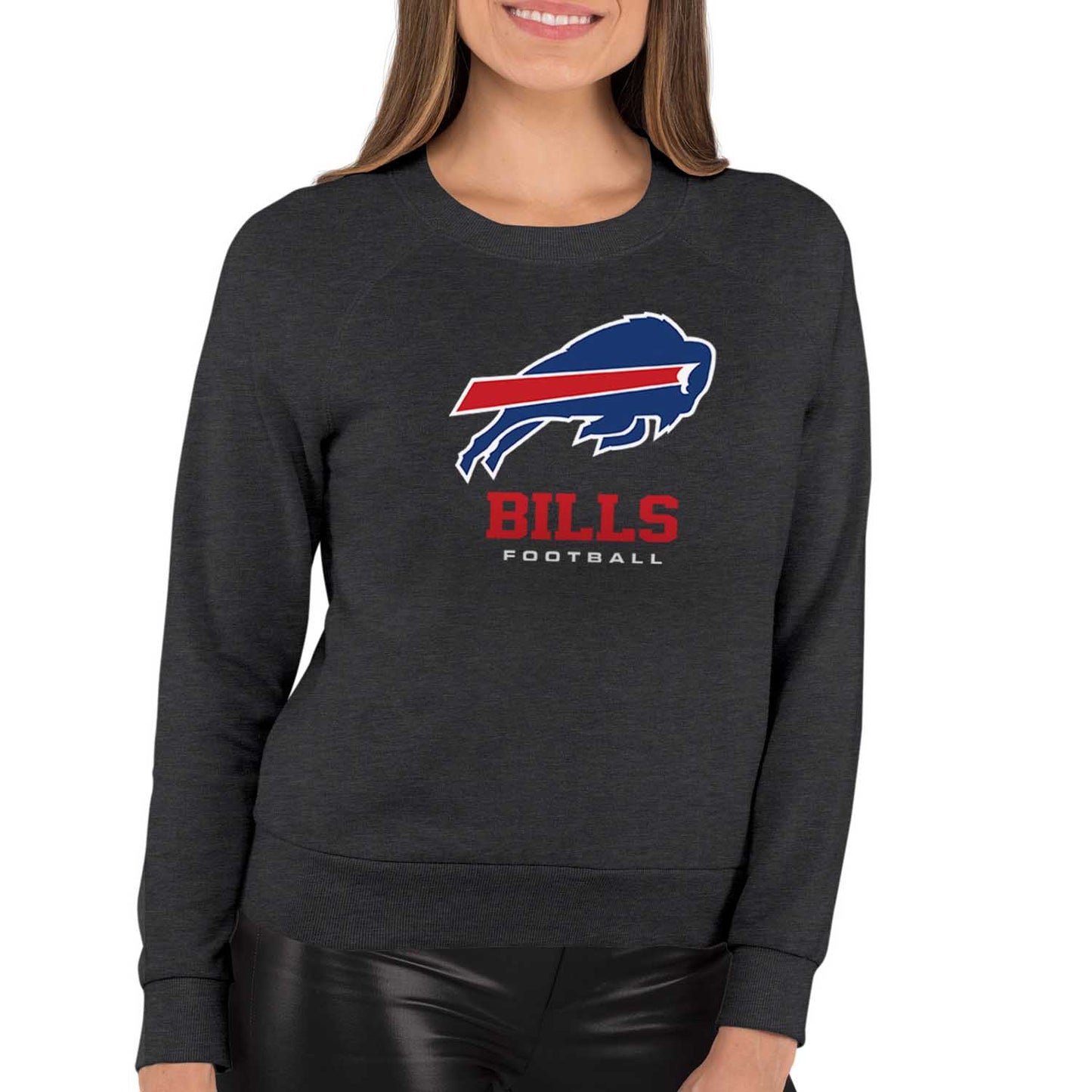 Buffalo Bills NFL Womens Ultimate Fan French Terry Slouchy Top- Raglan Sleeves - Charcoal