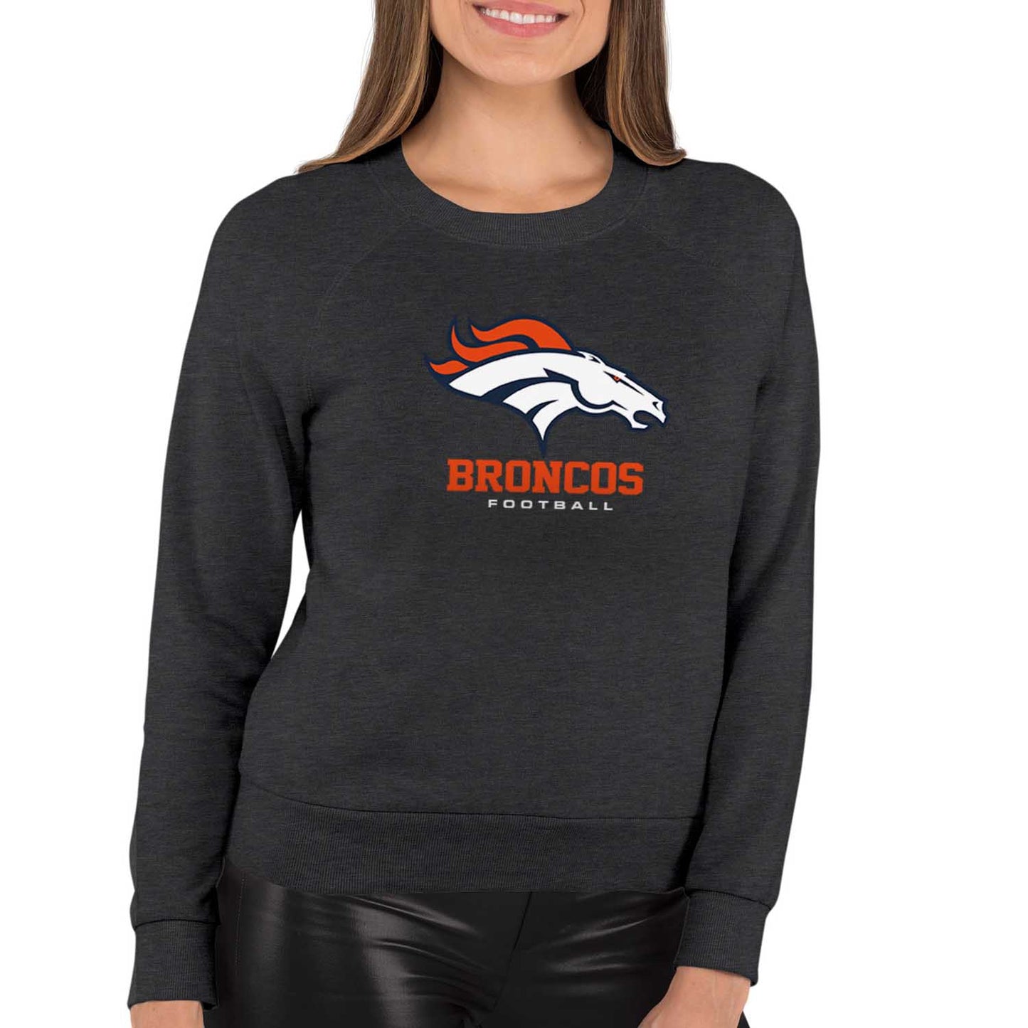 Denver Broncos NFL Womens Ultimate Fan French Terry Slouchy Top- Raglan Sleeves - Charcoal