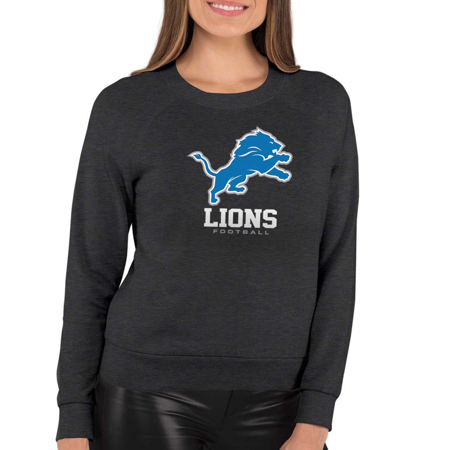 Detroit Lions NFL Womens Ultimate Fan French Terry Slouchy Top- Raglan Sleeves - Charcoal