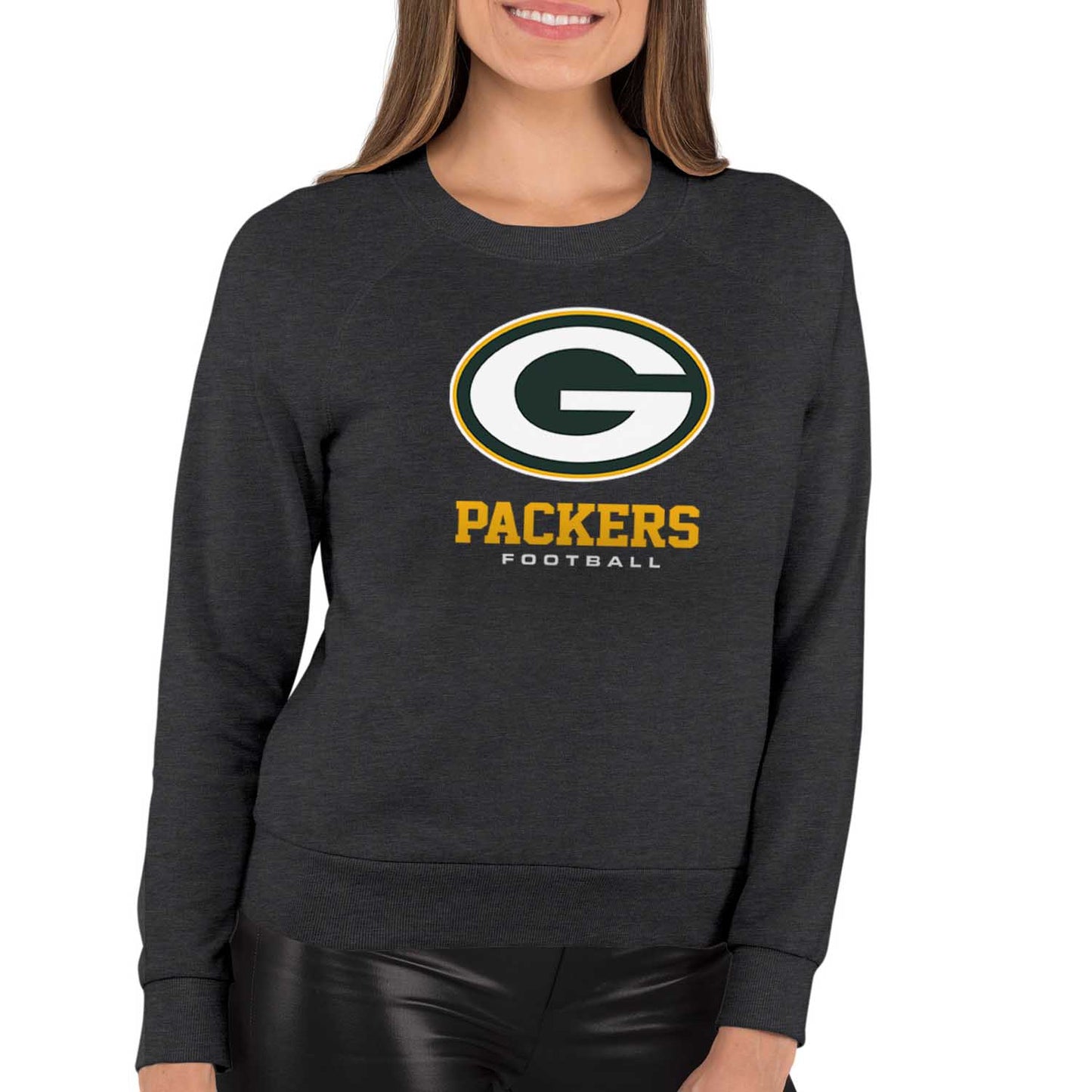 Green Bay Packers NFL Womens Ultimate Fan French Terry Slouchy Top- Raglan Sleeves - Charcoal